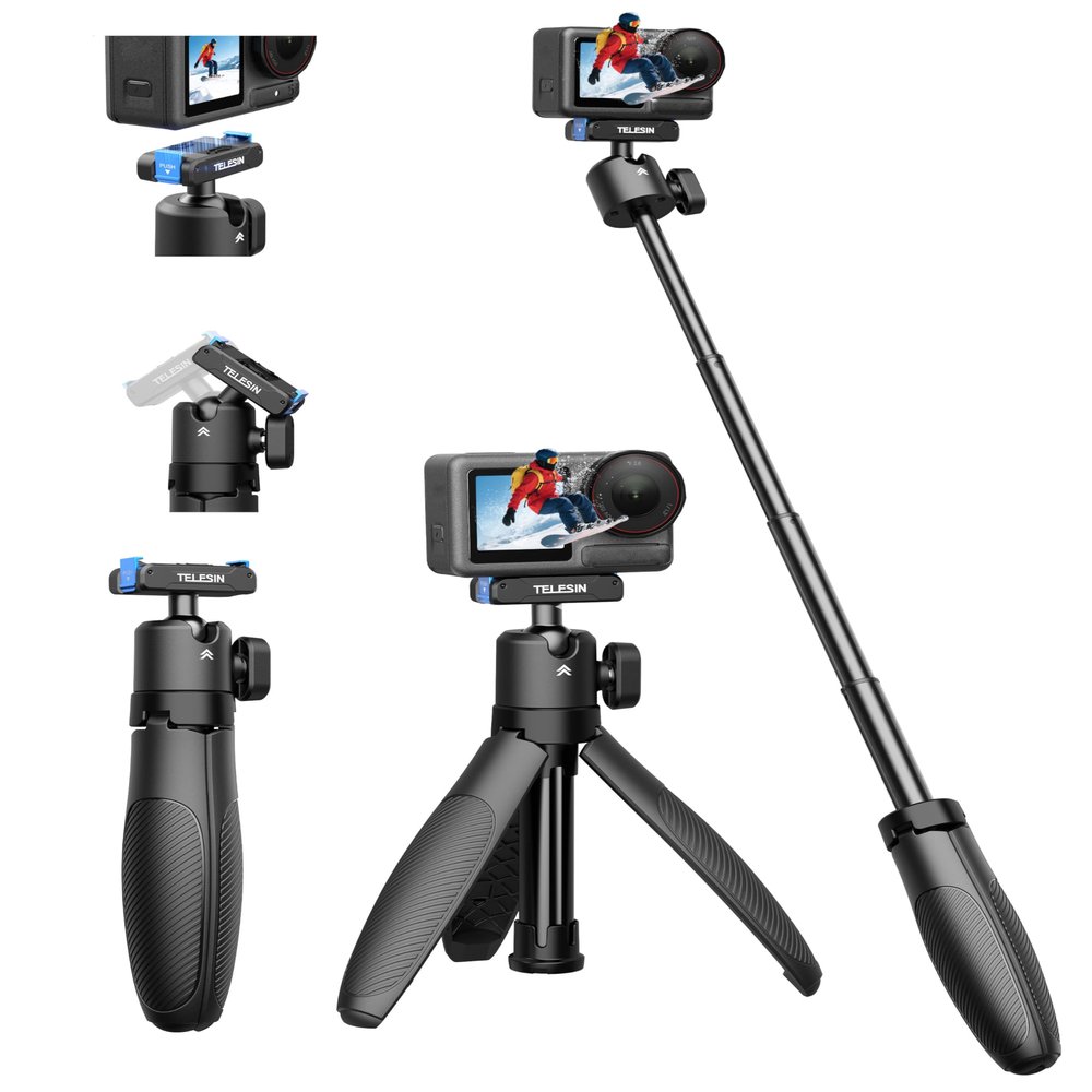 TELESIN 40cm/15.7'' Mini Selfie Stick Tripod, Magnetic Quick Release Selfie Sticks Handle Grip, Portable Vlog Monopod, 360 Adjustable Extended Pole for DJI Osmo Action 5 Pro/4/3 Camera Accessories