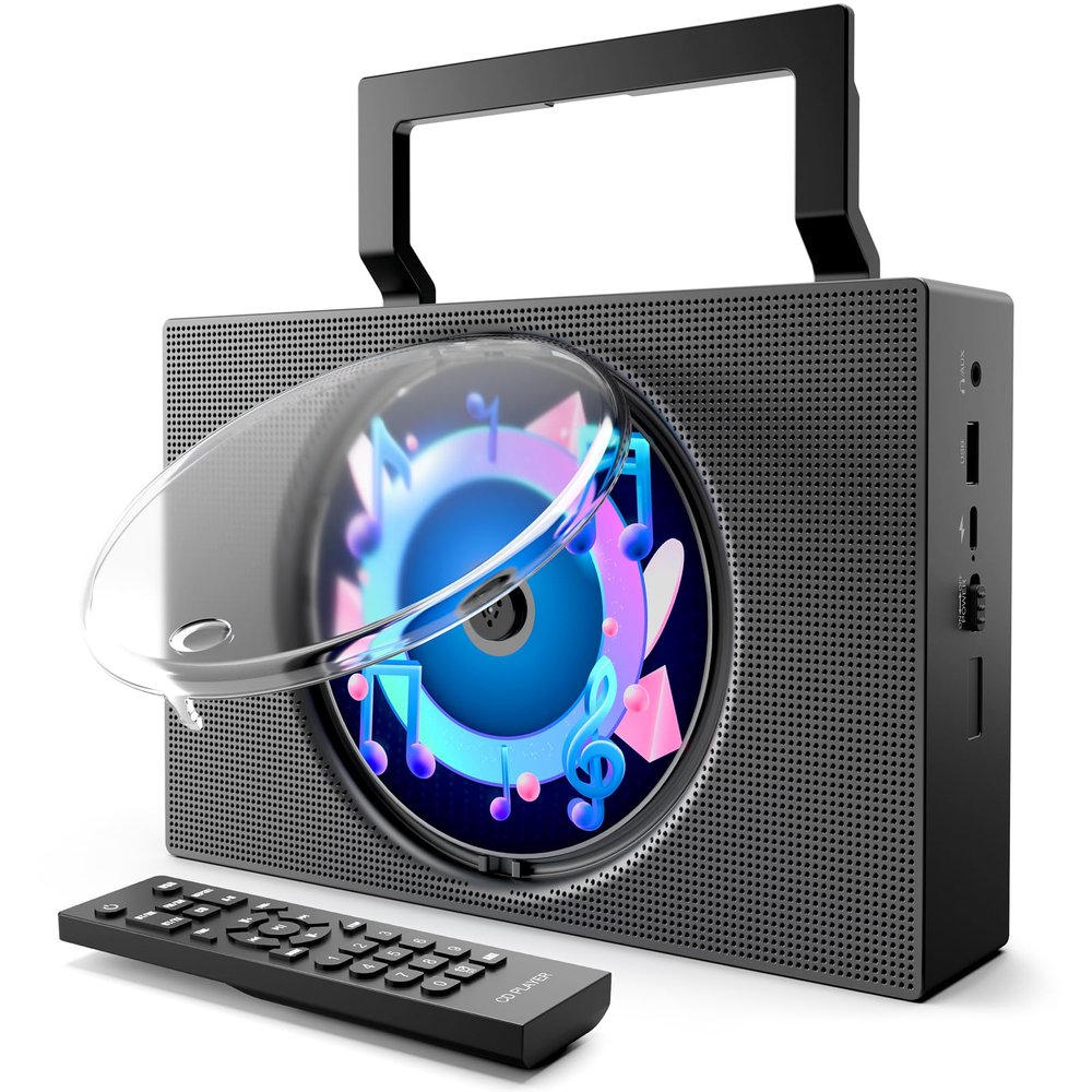ROADOM Portable CD Player Boombox with Bluetooth, Rechargeable & FM Radio