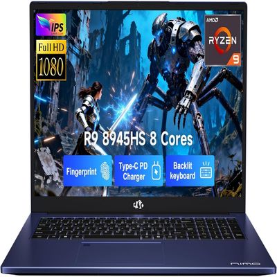 NIMO 17.3 Gaming-Laptop Ryzen 9 8945HS (Beat i9-13900H, Up to 5.2GHz) 16GB RAM, 512GB SSD, Radeon 780M, PD 100W Type-C AI-Enhanced for Copilot VR Ready, Backlit Keyboard, Fingerprint, 180Viewing