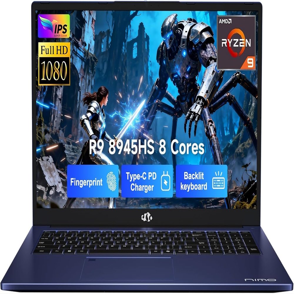 NIMO 17.3 Gaming-Laptop Ryzen 9 8945HS (Beat i9-13900H, Up to 5.2GHz) 16GB RAM, 512GB SSD, Radeon 780M, PD 100W Type-C AI-Enhanced for Copilot VR Ready, Backlit Keyboard, Fingerprint, 180Viewing