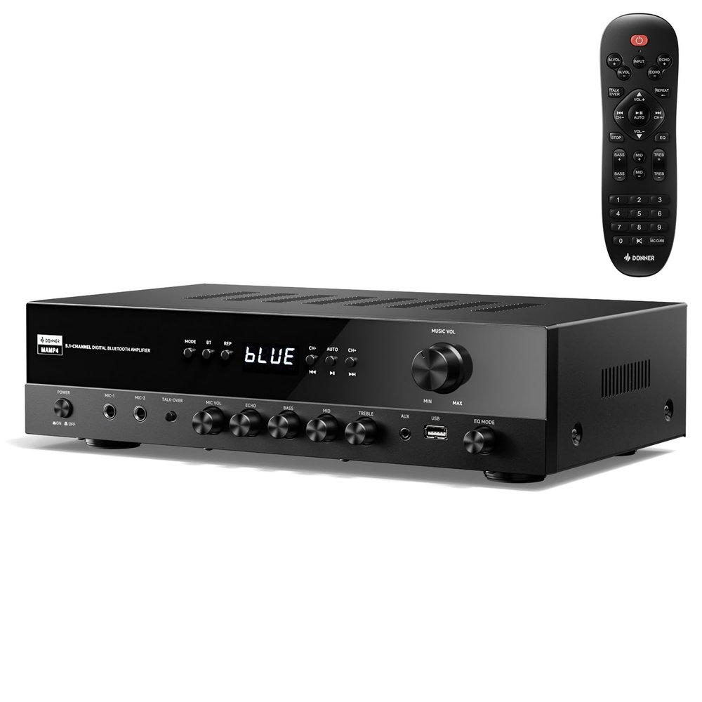 Donner Stereo Receivers, 5.1 Channel Audio Amplifier with Bluetooth 5.3, Optical/Coaxial, USB, FM, 2 Mic-in, Echo, RCA, AC-3 Input for Home, Karaoke, Theater Speakers, 60W/4R & 25W3 RMS, MAMP4
