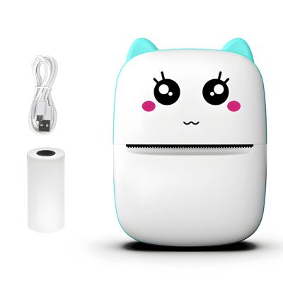 Inkless Printer, Student Convenient Printing Error Tool, Wireless Portable Printer with Kitten Appearance, USB Cable and Thermal Paper are Included, Blue