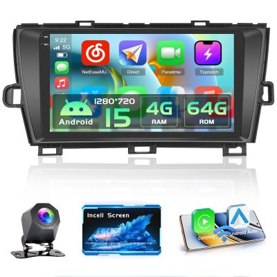 4+64G Car Stereo for Toyota Prius 2010-2015 Android 15 Wireless Carplay Android Auto, 9 Inch in-Cell Touch Screen Car Radio GPS SWC FM RDS 5G WiFi Bluetooth +Free AHD Cam
