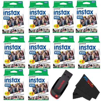 Fujifilm Instax Wide Instant Film Twin Pack with USB and PixiBytes Microfiber Cleaning Cloth... (10 Wide Pack (200 Sheets))