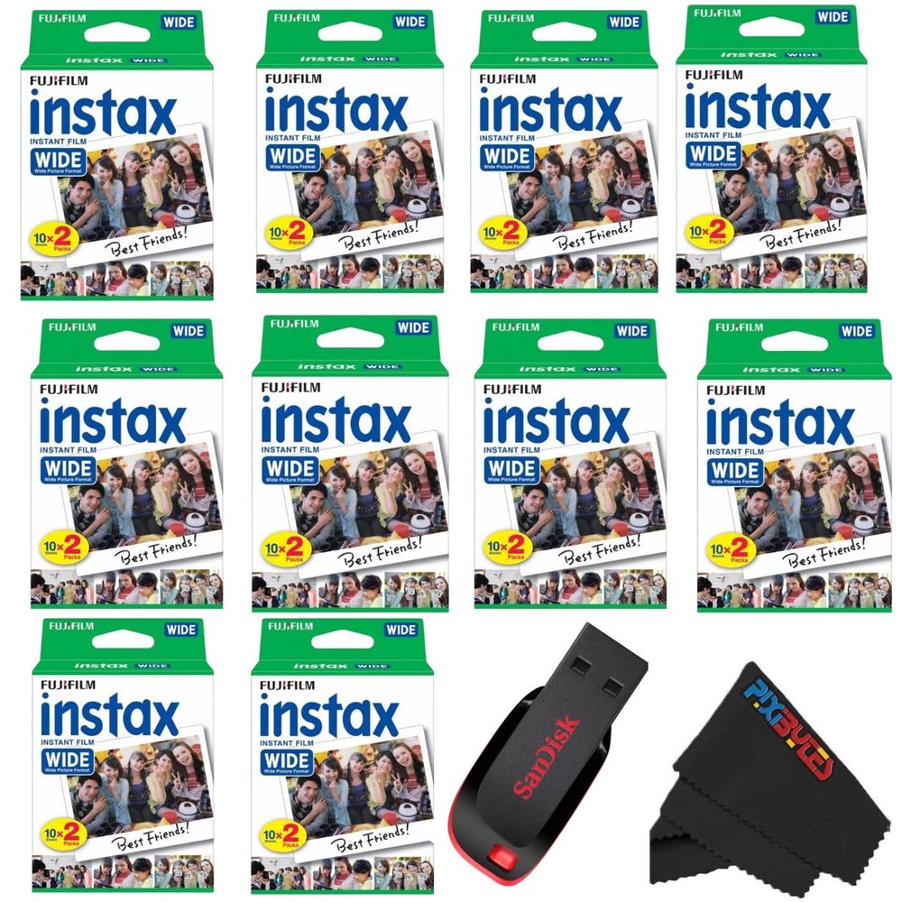 Fujifilm Instax Wide Instant Film Twin Pack with USB and PixiBytes Microfiber Cleaning Cloth... (10 Wide Pack (200 Sheets))