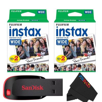 Fujifilm Instax Wide Instant Film Twin Pack with USB and PixiBytes Microfiber Cleaning Cloth... (2 Wide Pack (40 Sheets))