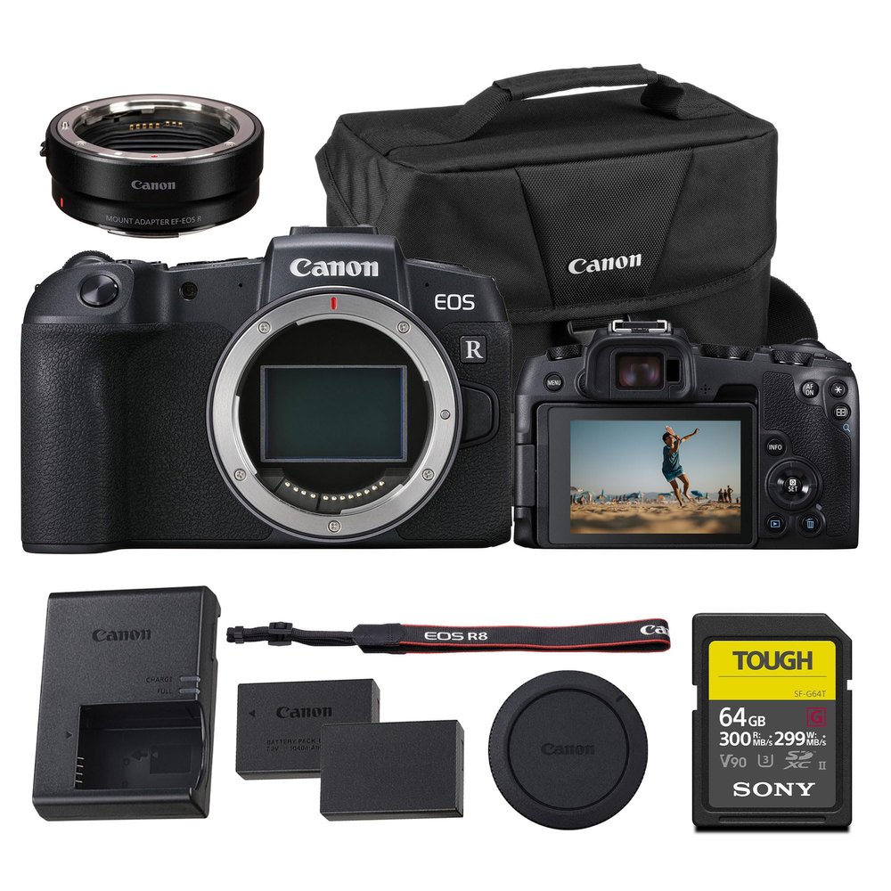 Canon EOS RP Mirrorless Camera (Body Only) Full-Frame 26.2MP CMOS Sensor, Dual Pixel Autofocus, Vari-Angle Touchscreen, 4K Video, Wi-Fi (3380C002) + Canon Adapter EF-EOS R + 64GB Card + More