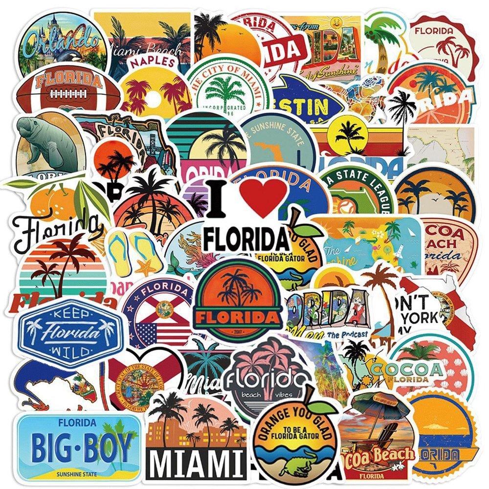 100PCS Florida Stickers,Cool Travel Stickers,Waterproof Vinyl Stickers for Water Bottles,Laptop,Luggage,Teens Adults,Keyboards,Backpacks,Skateboards,Luggage,Water Bottles,Scrapbooks