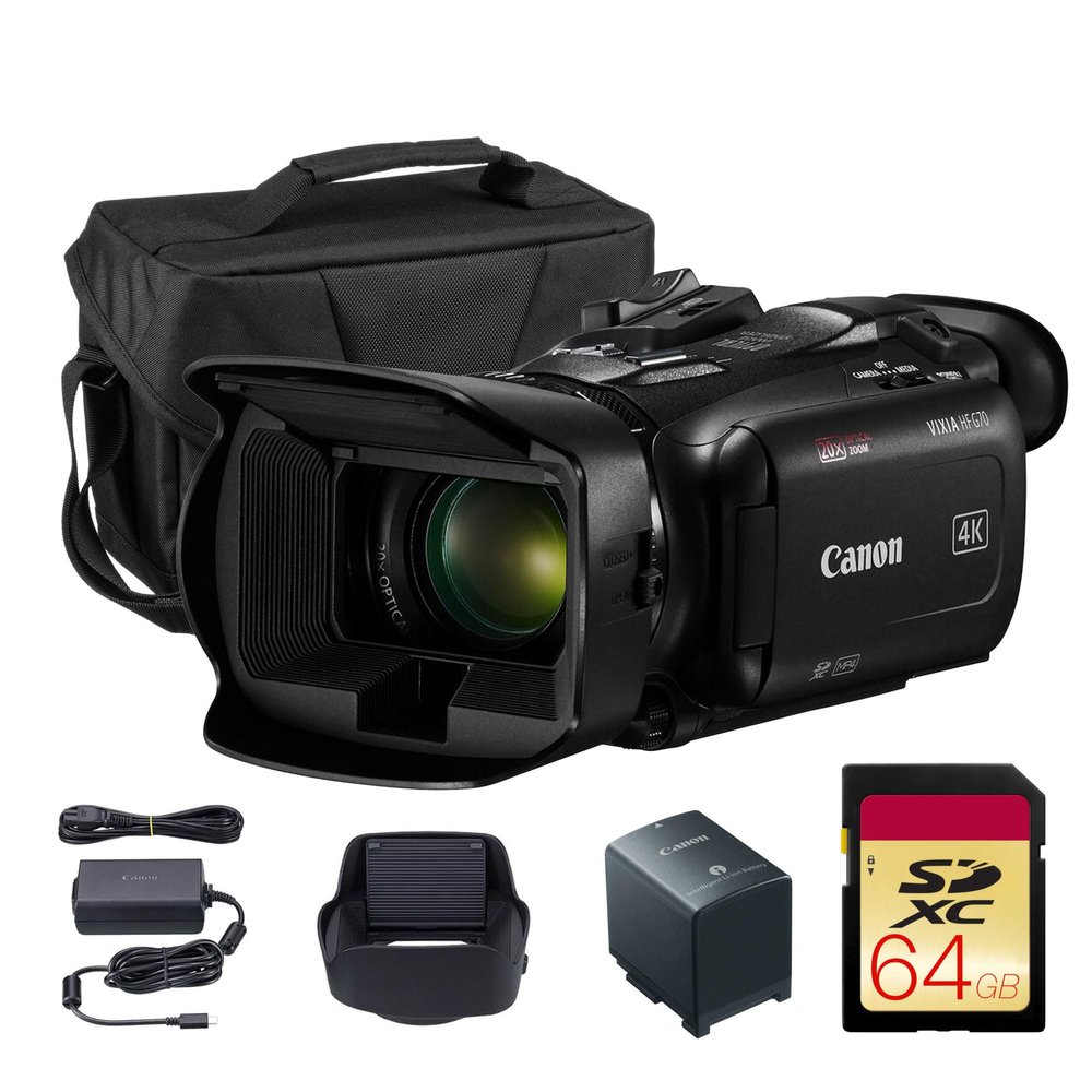 Canon VIXIA HF G70 4K Camcorder UHD Video Camera with 20x Optical Zoom, 1/2.3" CMOS Sensor, Dual SD Slots & HDMI Output (5734C002) + Shoulder Bag + 64GB Memory Card