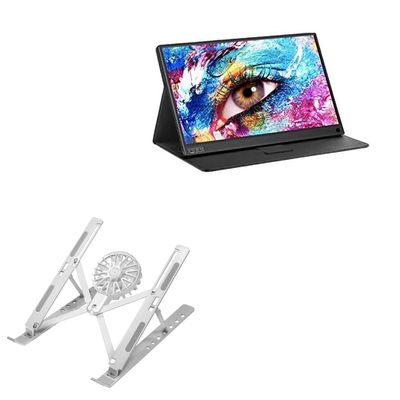 BoxWave Stand and Mount Compatible with PONKLOIE Portable Monitor for Laptop PON-B15 (15.6 in) - QuickSwitch Stand with Cooling Fan, Portable, Multi Angle Viewing Ventilator - Metallic Silver