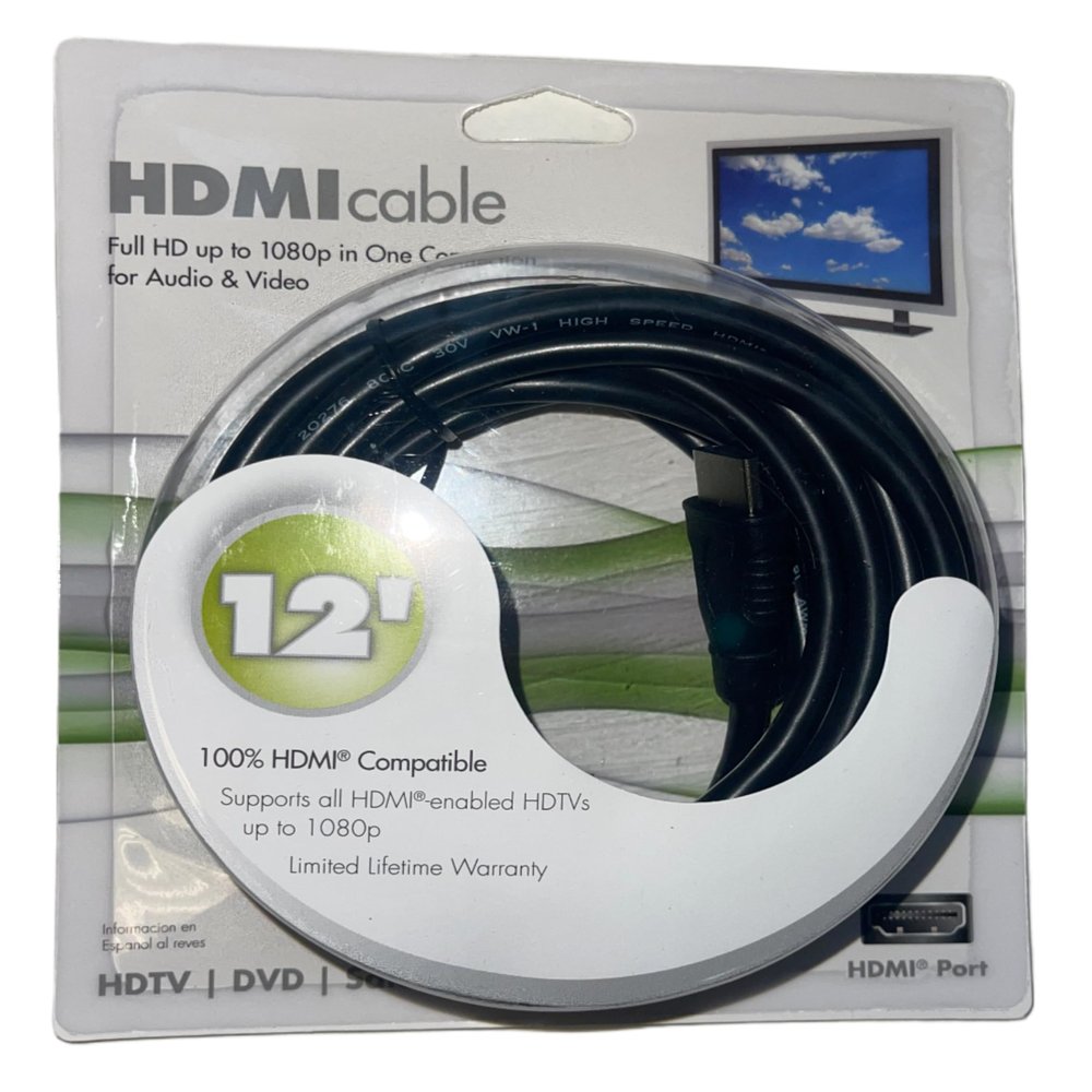 12 Foot HDMI Cable Flexible High-Speed HDMI Cord Long HDMI Cable for Monitors, TVs, Laptops, Gaming Consoles, and Home Theater - Full HD up to 1080p