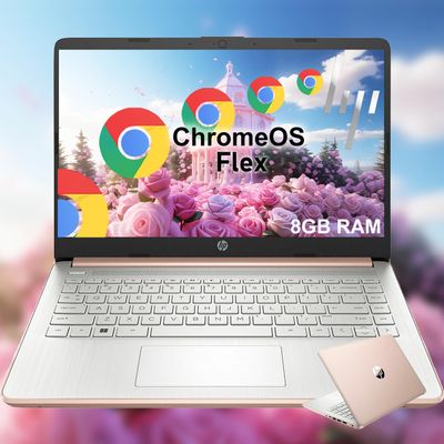 HP 14 Inch Chromebook with ChromeOS Flex | 8GB RAM| 128GB Storage (64GB eMMC+64GB Card) | Designed Purely for School and Work | Game App Not Allowed | Wi-Fi 5 || Pale Rose Gold | No Mouse