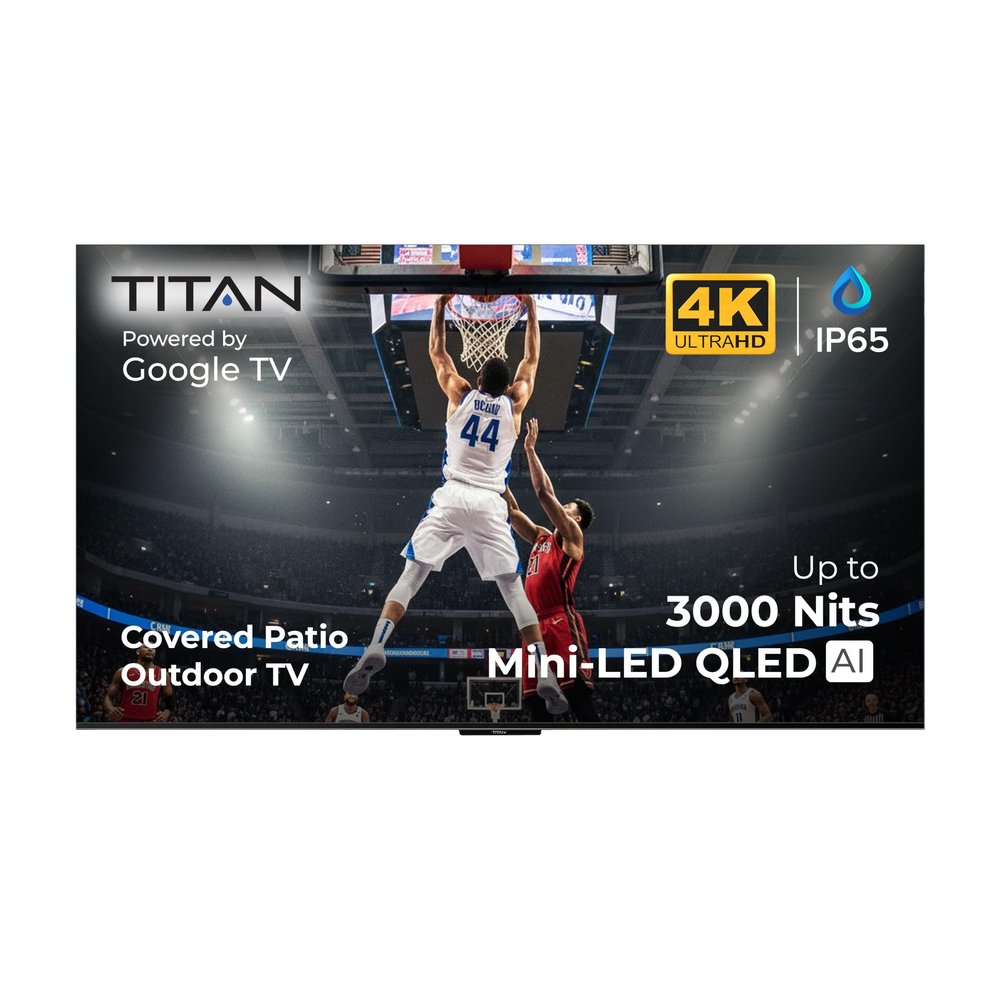 Titan G100 Mini-QLED 43 Inch Outdoor TV, Covered Patio, IP65 Smart Weatherproof TV, 4K HDR, 60 Hz, Google AI OS, 1000 Nits, Wi-Fi 5, Dolby Vision&Atmos, Outdoor TV Cover, Slim Bezel, 2 Yr Wty