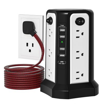 10FT Extension Cord with Multiple Outlets|PASSUS Surge Protector Power Strip with USB C(PD18W) Port|Flat Plug Braided Cord|Tower Outlets with USB Ports,Overload Protection for Home Office DormRoom