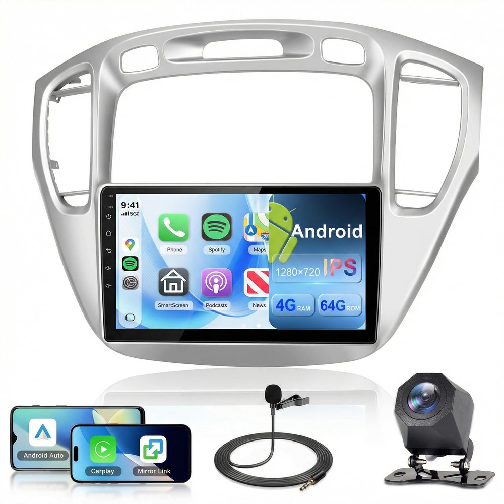 4Core 4G+64G Car Stereo for Toyota Highlander 2000-2007, 9" Incell Touchscreen, Wireless CarPlay Android Auto, 5GWiFi GPS Bluetooth FM RDS EQ USB SWC Backup Camera