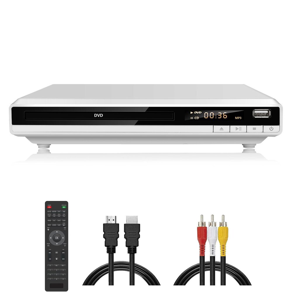 DVD Player for TV, Region-Free DVD CD Player for Home with HDMI RCA Output USB Input, Plays All Regions and Multi-Format, 1080P HD Compact DVD Player for Family Movies, Built-in PAL NTSC (White 168)