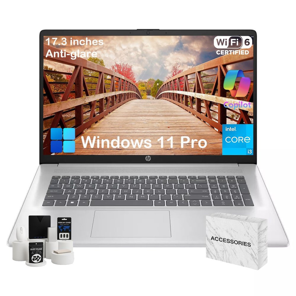 HP 17 Laptop Computer for Business and Students - 17.3" HD+ 250 Nits IPS Display Intel 8-Core i3 Processor Wifi6 Camera Copilot Fast Charge Win 11 Pro w/Accessories (16GB RAM, 512GB SSD)