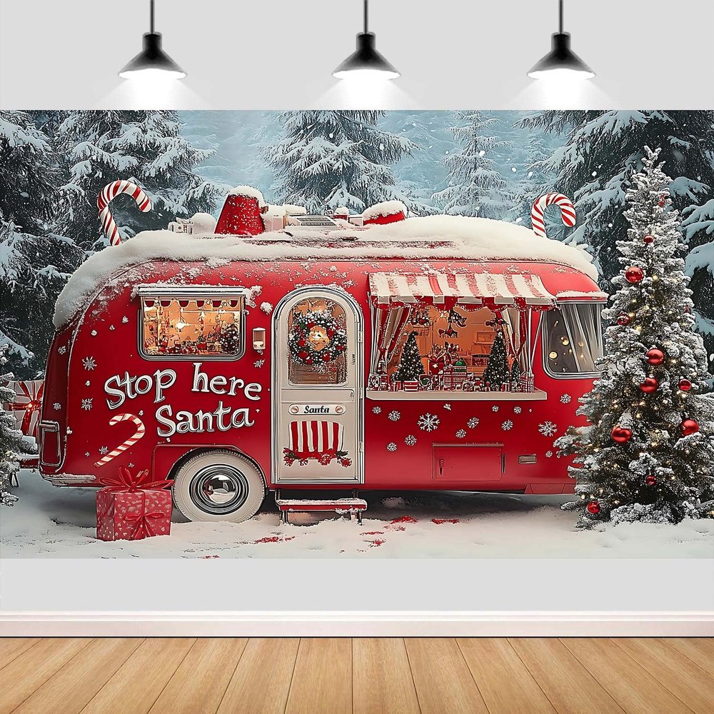 20X10ft Christmas Backdrop Adventure Camper Xmas Tree RV Photography Background Winter Holiday Party Photo Booth Family Portrait Decor Supplies Photo Studio Props Wall Decor Banner