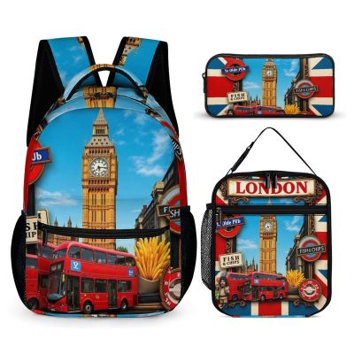 100% BLUE COLLAR Travel Laptop Bookbag Daypack Set British Flag London (2) Backpack Lightweight Bookbag with Lunch Box Cosmetic Bag