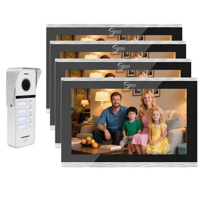 ANJIELO SMART Wired Video Doorbell Apartment Intercom System,4 Family Units 10 Inch Touch Monitor,3 in 1 Unlocking,Dual Way Intercom Motion Detection Tuya for Villa Home (1 Doorbell(w)+ 4 Monitor(s))