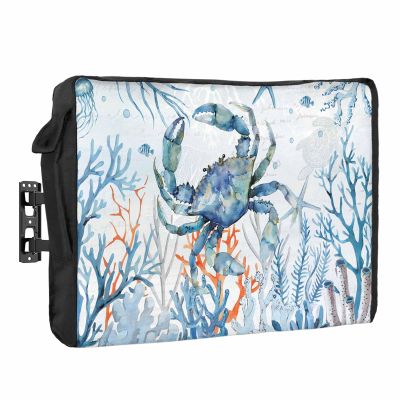 Outdoor TV Cover 70 to 75 Inch Weatherproof, Crab Waterproof Outdoor TV Enclosure with Side Pocket, Blue Coastal Starfish Ocean Coral Nautical Television Protector Cover for Outside Television