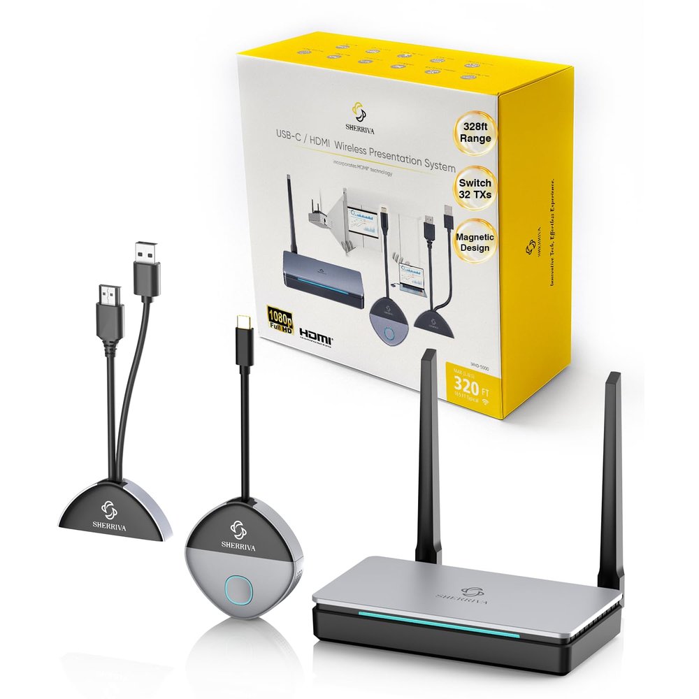 Wireless HDMI Transmitter and Receiver, USB-C & HDMI Adapter, 1080P@60Hz, 328 ft Range, 2.4G/5G, Up to 32 Transmitters, Plug and Play, for Laptop, PC, Phone, Camera, TV, Monitor, Projector