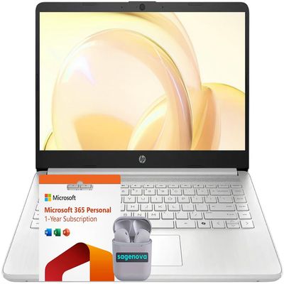 HP 14" HD Business & Student Laptop Computer, 32GB RAM 640GB Storage (128GB UFS + 512GB SD Card), Windows 11 S with 1-Year Microsoft Office 365, Intel N150, SageNova Earphones, Natural Silver