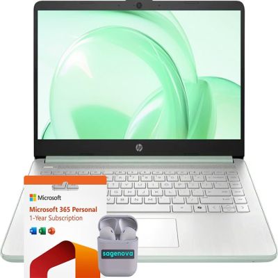 HP 14" HD Business & Student Laptop Computer, 32GB RAM 640GB Storage (128GB UFS + 512GB SD Card), Windows 11 S with 1-Year Microsoft Office 365, Intel N150, SageNova Earphones, Willow Green