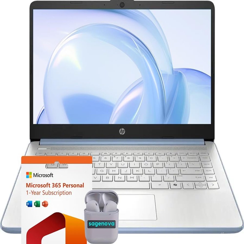 HP 14" HD Business & Student Laptop Computer, 8GB RAM 384GB Storage (128GB UFS + 256GB SD Card), Windows 11 S with 1-Year Microsoft Office 365, Intel N150, SageNova Earphones, Sky Blue