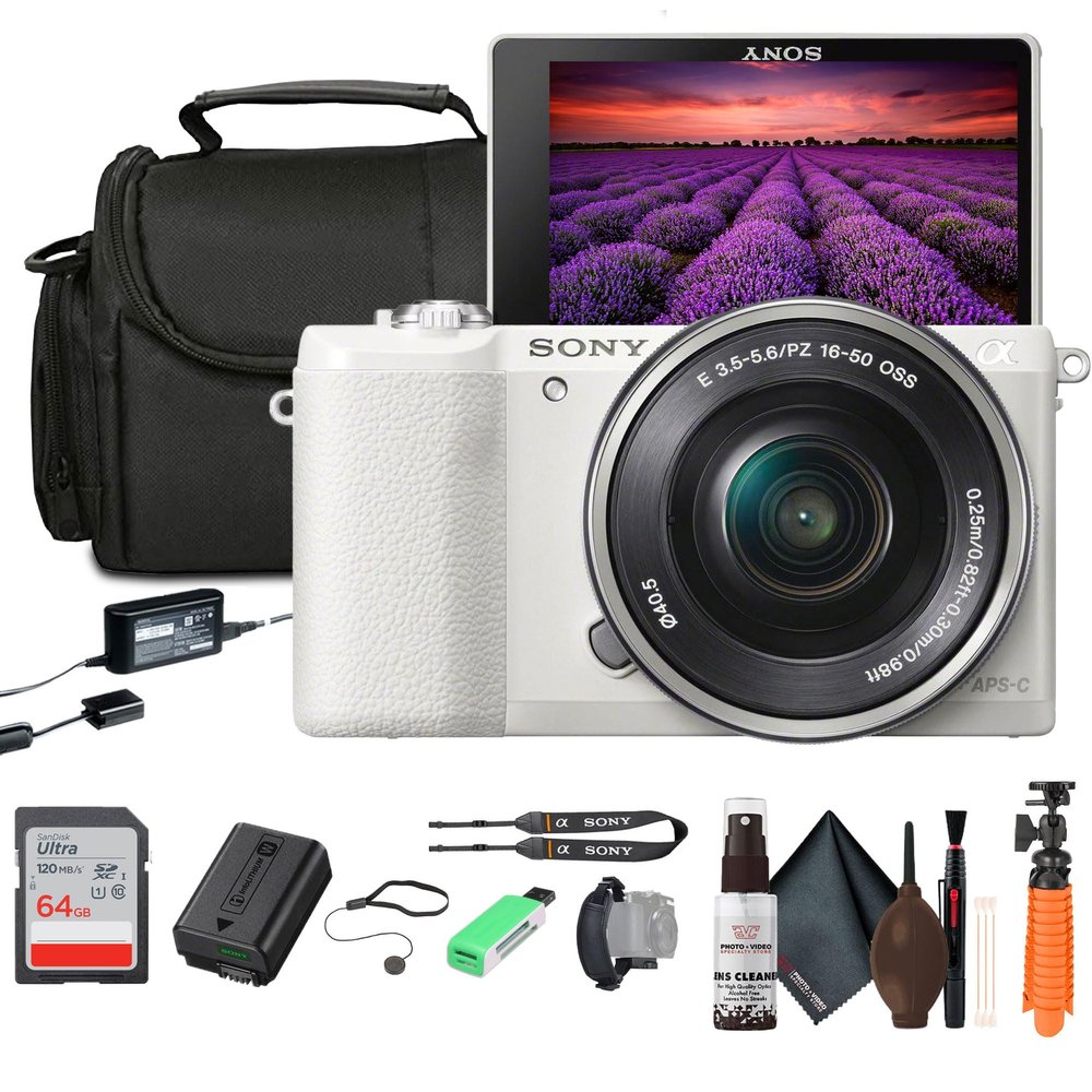 Sony Alpha a5100 Mirrorless Camera with 16-50mm Power Zoom Lens | 24.3MP APS-C Sensor, Fast Hybrid Autofocus (White) + 64GB Card + Card Reader + Case + Flex Tripod + Hand Strap + Memory Wallet + More