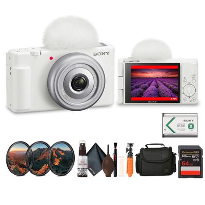 Sony ZV1F/W Vlog Camera in White | 20.1 MP 1Inch Exmor RS Sensor Compact Creator Camera (White) (ZV1F/W) + Filter Kit + 64GB Card + Card Reader + Bag + Flex Tripod + Cleaning Kit