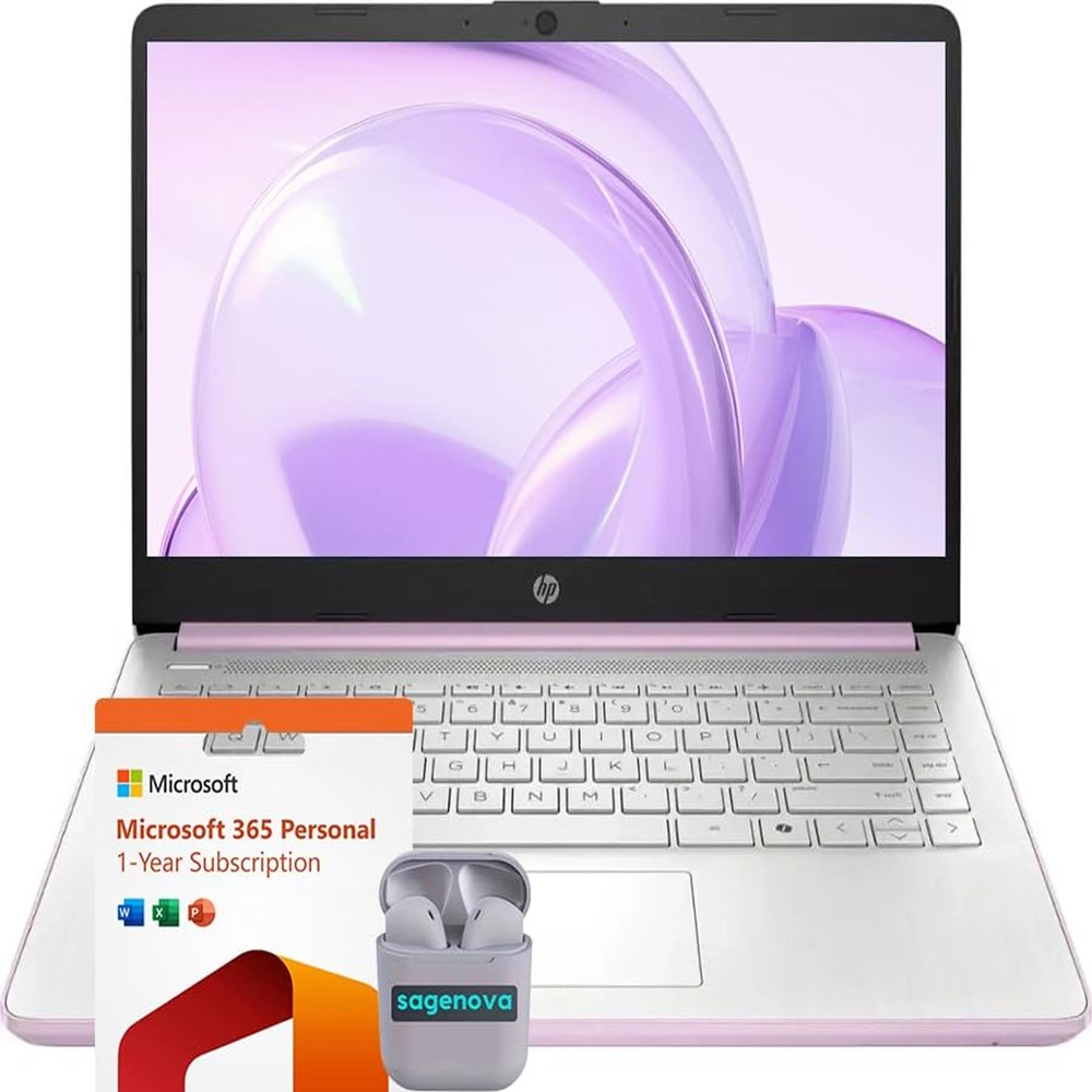 HP 14" HD Business & Student Laptop Computer, 8GB RAM 384GB Storage (128GB UFS + 256GB SD Card), Windows 11 S with 1-Year Microsoft Office 365, Intel N150, SageNova Earphones, Honey Lavender