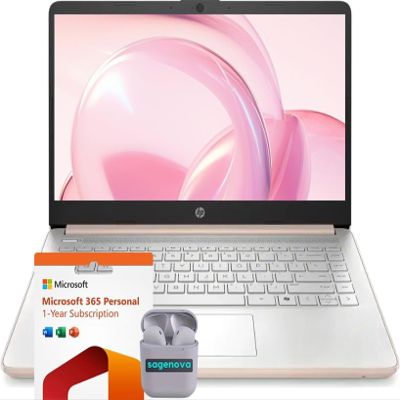 HP 14" HD Business & Student Laptop Computer, 32GB RAM 640GB Storage (128GB UFS + 512GB SD Card), Windows 11 S with 1-Year Microsoft Office 365, Intel N150, SageNova Earphones, Pale Rose Gold