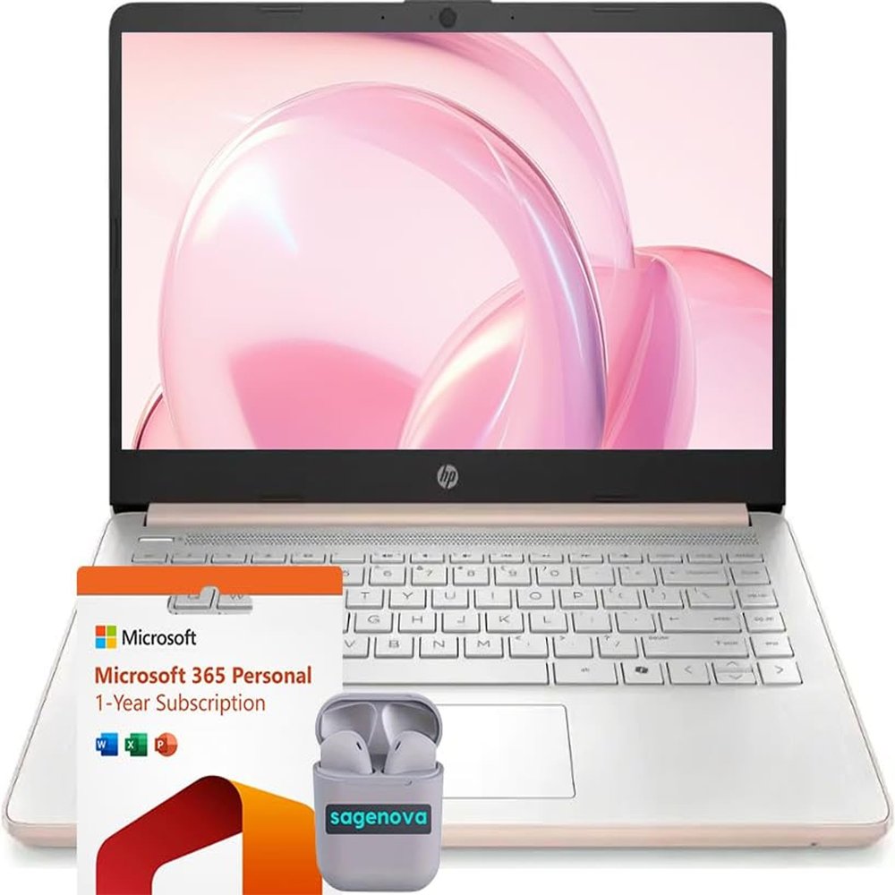 HP 14" HD Business & Student Laptop Computer, 32GB RAM 640GB Storage (128GB UFS + 512GB SD Card), Windows 11 S with 1-Year Microsoft Office 365, Intel N150, SageNova Earphones, Pale Rose Gold