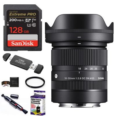 Sigma 18-50mm f/2.8 DC DN Contemporary Lens for Sony E Bundle, Includes: SanDisk 128GB Extreme PRO SDXC Memory Card, UV Protection Filter, Lens Cleaning Kit and More (7 Items)
