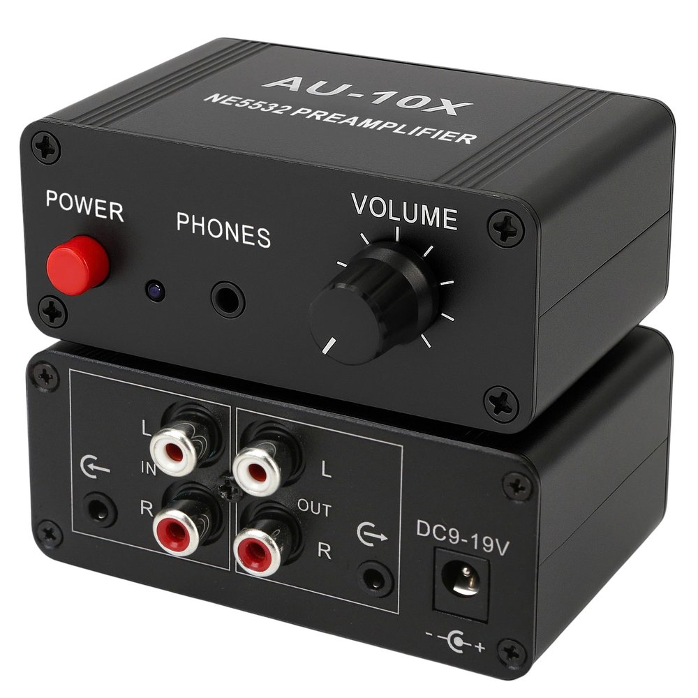 12V RCA Preamplifier, Audio Phono Preamp, Mini Stereo Headphone Signal Home Amplifier, Gain 20dB for Turntable Pre amp Dual OP AMP AUX10X NE5532, Input to 3.5mm Output, Power Adapter is NOT Included