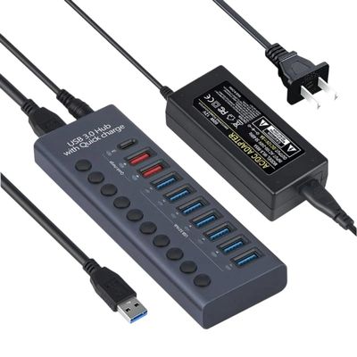 090F USB Hub, 9 Port Usb3.0+ Type C Hub 5Gbps with 60W Power Adaptier, Charging Cable and Data Cord for Pc and Laptop