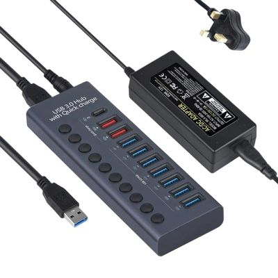 090F USB Hub, 9 Port Usb3.0+ Type C Hub 5Gbps with 60W Power Adaptier, Charging Cable and Data Cord for Pc and Laptop