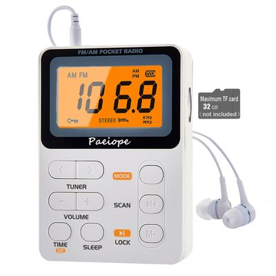 Paeiope Portable Pocket Radio AM FM with Best Reception, Rechargeable-White