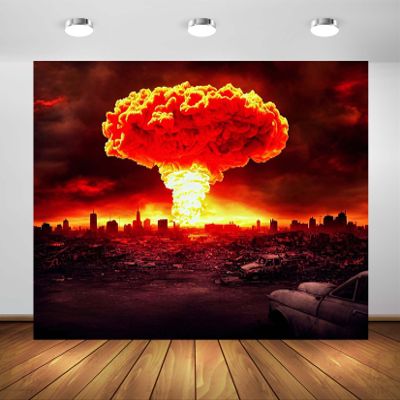 Loccor 15x10ft Fabric Atomic Bomb Nuclear Explosion Backdrop Nuclear Detonation Mushroom Cloud Ruin Destroyed City End of The World Background Party Decorations Photo Props