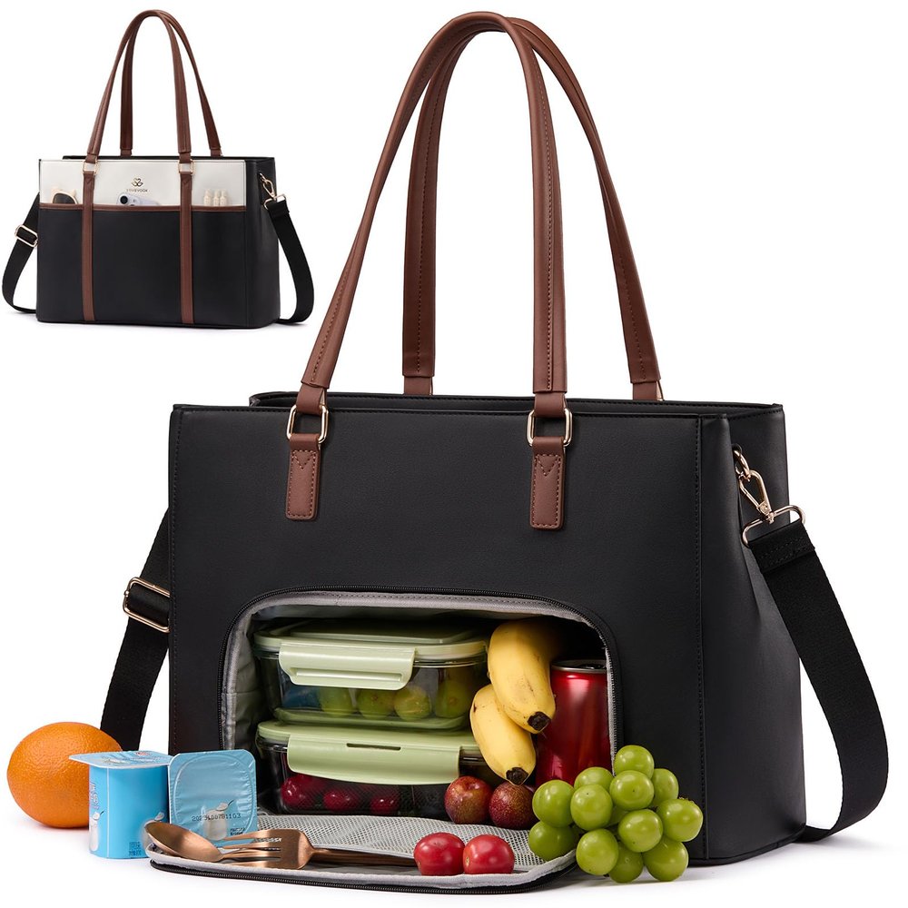 LOVEVOOK Lunch Bag for Women, Leather Work Laptop Tote Bag with Insulated Lunch Compartment, 15.6 Inch 2 in 1 Lunch Tote for Business, Teacher, Nurse, Office, College, Casual