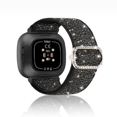 Bling Stretchy Band Compatible with Fitbit Versa 4/Fitbit Versa 3/Fitbit Sense/Sense 2 Bands for Women, Soft Adjustable Elastic Glitter Solo Loop Nylon Strap for Fitbit Versa 4 Bands