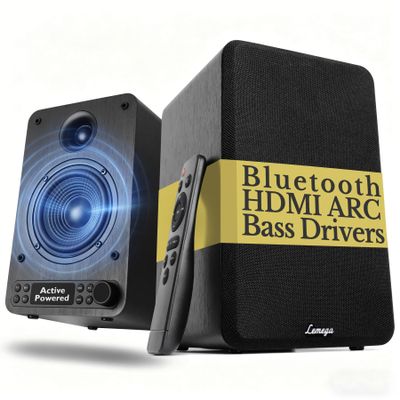 LEMEGA Active Bookshelf Speakers 40W RMS, Powered Stereo Speakers with 4" woofer and 1.25" Tweeter, Bluetooth,USB, HDMI/Optical/AUX/RCA Inputs for PC and TV, LED Display, Bass & Treble Control