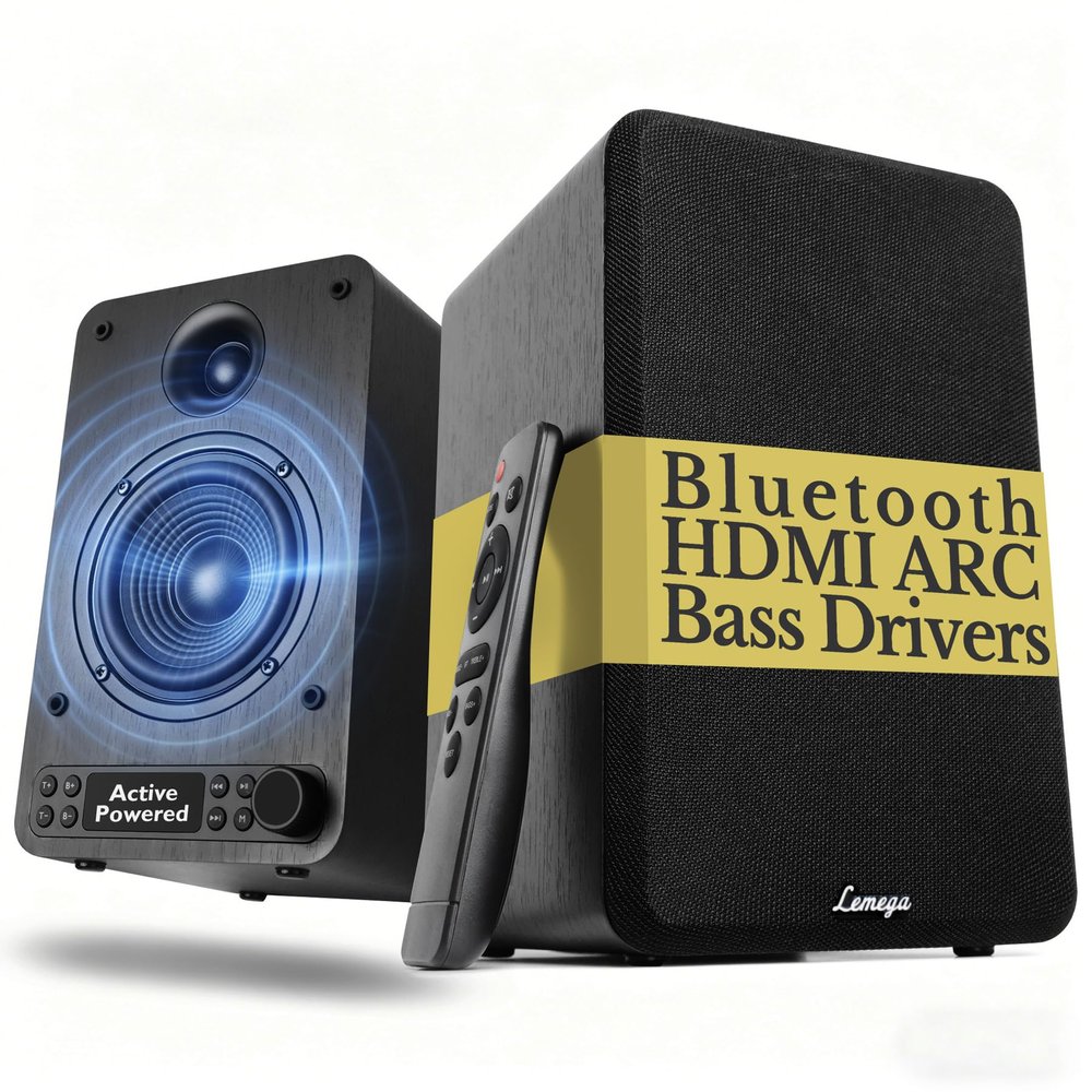 LEMEGA Active Bookshelf Speakers 40W RMS, Powered Stereo Speakers with 4" woofer and 1.25" Tweeter, Bluetooth,USB, HDMI/Optical/AUX/RCA Inputs for PC and TV, LED Display, Bass & Treble Control