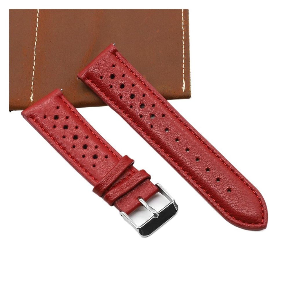 FYXT Vintage Handmade Watch Strap 18mm 19mm 20mm 22mm 24mm Racing Leather Strap Gray Black Brown Blue Breathable Porous Watchbands(Red,18mm)