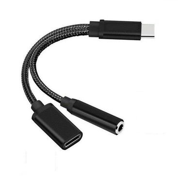 2-in-1 Type-C Audio Adapter, 3.5mm Headphone and Charging Cable, Braided Nylon, Black/Gold/Rose Gold (Black)