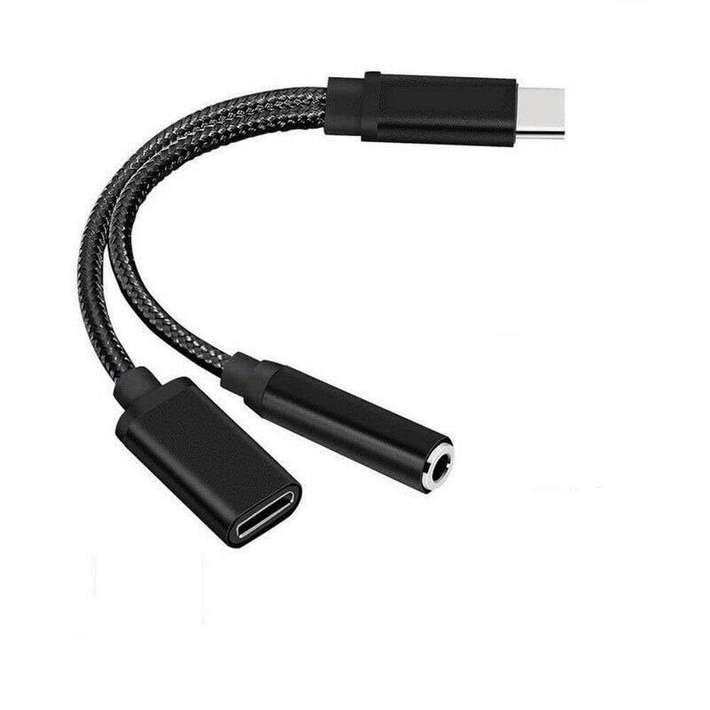 2-in-1 Type-C Audio Adapter, 3.5mm Headphone and Charging Cable, Braided Nylon, Black/Gold/Rose Gold (Black)