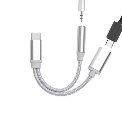 2-in-1 Type-C Audio Adapter, 3.5mm Headphone and Charging Cable, Braided Nylon, Black/Gold/Rose Gold (Silver)