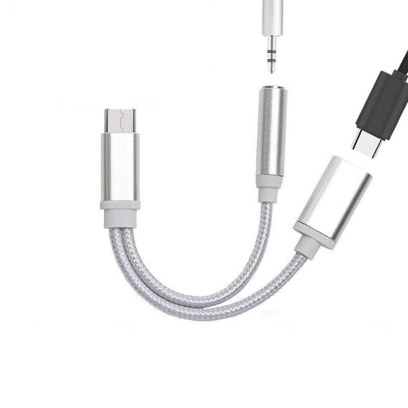 2-in-1 Type-C Audio Adapter, 3.5mm Headphone and Charging Cable, Braided Nylon, Black/Gold/Rose Gold (Silver)