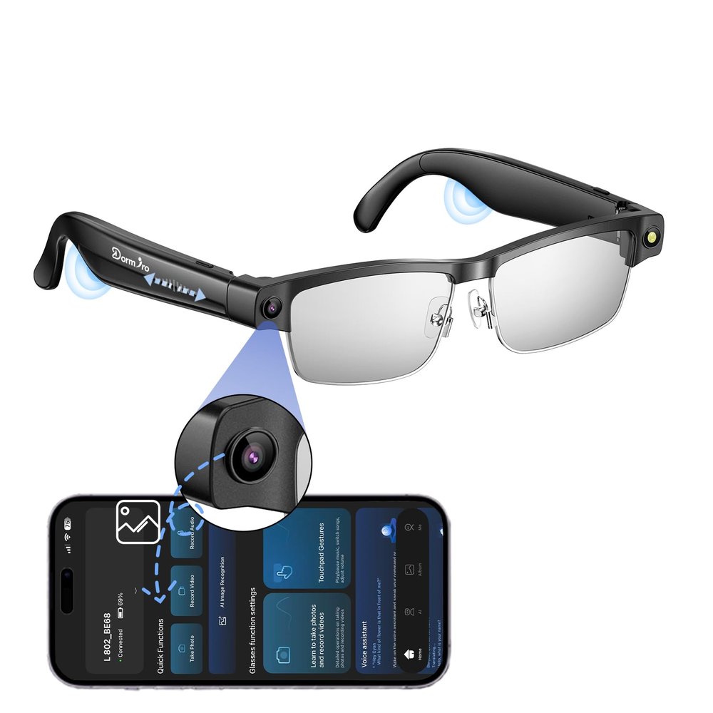 Dormiro Camera Glasses, Smart Glasses with Hidden Camera and Bluetooth for Men/Women 8MP 4K HD Video Recording Anti-Shake 32G Support Chart GPT,WiFi,AI Voice Assistant,Translate,Music